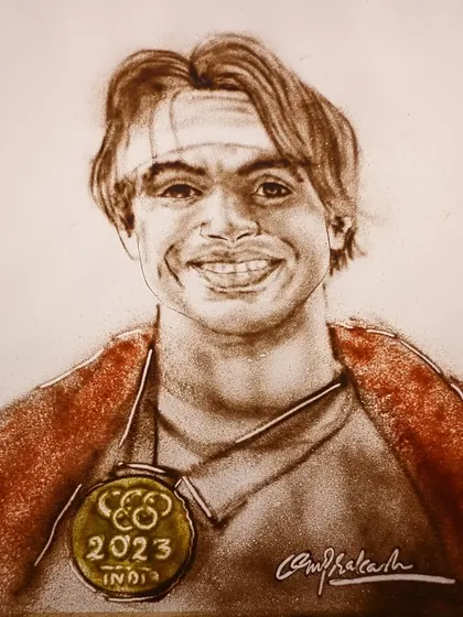 The final sand art portrait of Neeraj Chopra, celebrating his gold medal victory.
