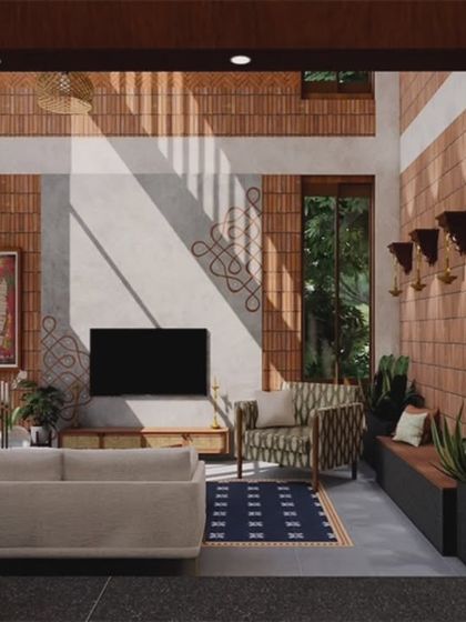 A design concept for the living room of the Kanakapura Residence. Here, antique restored pillars frame the opening, and the walls are clad in brick to lend a warm, earthy touch to the space.