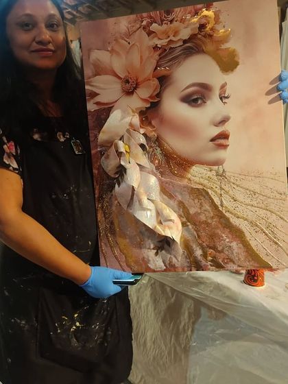 I love teaching 3D photo resin art. Here I am with a piece from one of my workshops. You can learn to create these stunning 3D effects on your own family photos.