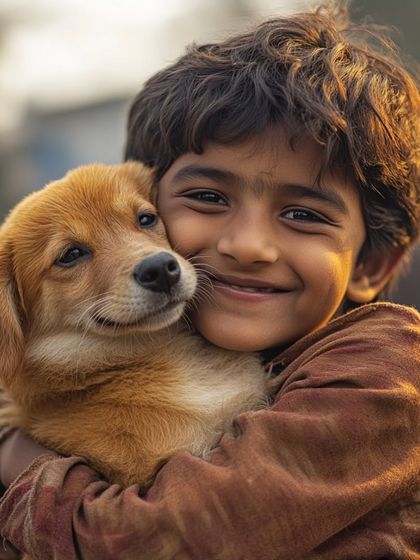 The pure joy of a child's hug. This image captures the beautiful, unconditional bond that can form between children and animals, built on kindness and mutual affection.