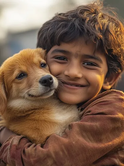 The bond between a child and a dog is something special. This photo captures that gentle, trusting connection.