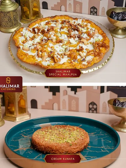 A duo of decadent desserts. Our Shalimar Special Malpua and the rich Cream Kunafa are perfect for indulging after your fast.