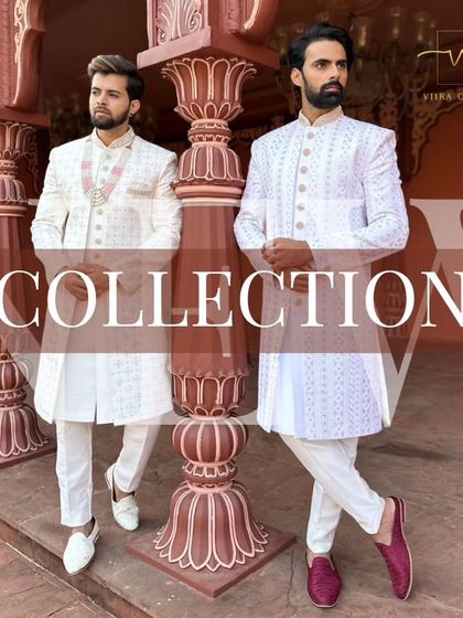 Twinning in style. Two grooms showcase different white sherwani designs, perfect for coordinating with your wedding party.