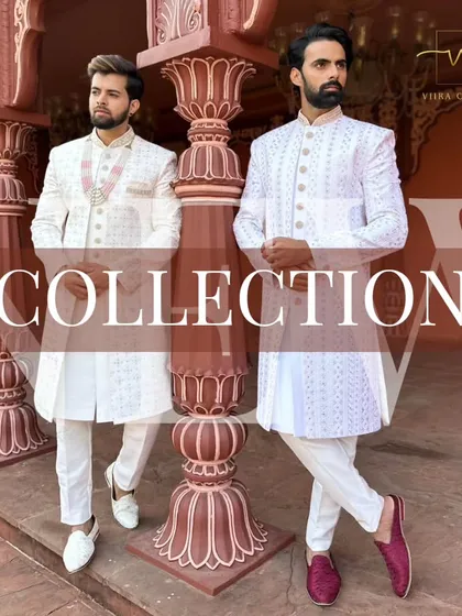 Two grooms, two styles. This image showcases two different custom white sherwani designs from our collection, highlighting the variety we offer.