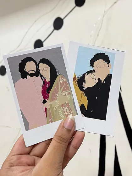 For a modern and artistic feel, I create minimalist faceless illustrations. These polaroid-style prints are perfect for capturing the essence of a moment without focusing on detailed features, great for couples who love a clean aesthetic.