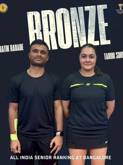 Pratik Ranade and his partner with their bronze medals from the All India Senior Ranking tournament in Bangalore, another strong performance on the national circuit.