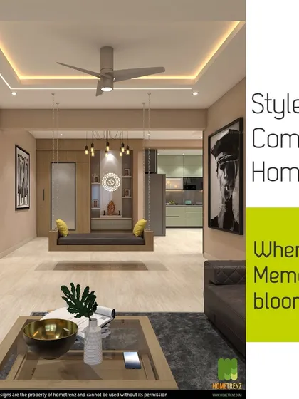 A comfortable, stylish home is where memories bloom. The combination of a modern indoor swing and ample seating in this living room creates a perfect setting for family gatherings.