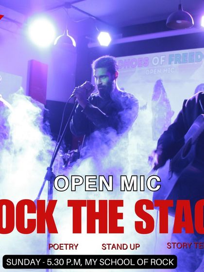 Our "Rock The Stage" poster, featuring a high-energy shot of a band to capture the excitement of our open mic nights.