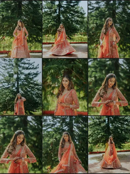 A collage showcasing the bride's stunning orange lehenga. The different poses and angles highlight her beauty and the elegance of her outfit against a lush green backdrop.