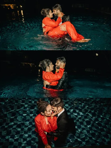 From a glamorous cocktail party to a spontaneous jump in the pool, this was a night to remember. This collage shows the couple's fun-loving spirit.