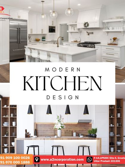 This collage showcases two distinct modern kitchen designs. The top image presents a classic all-white kitchen with an island and traditional range hood, while the bottom image features a minimalist design with natural wood accents and an integrated breakfast bar.