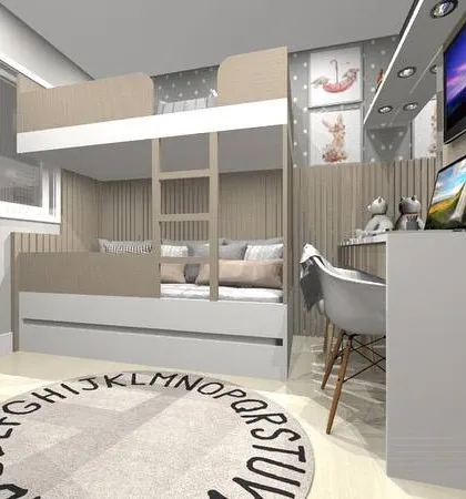 A charming kids' room with a custom bunk bed that includes a trundle for sleepovers. The design uses a soft, neutral color palette and features a built-in desk and TV area.