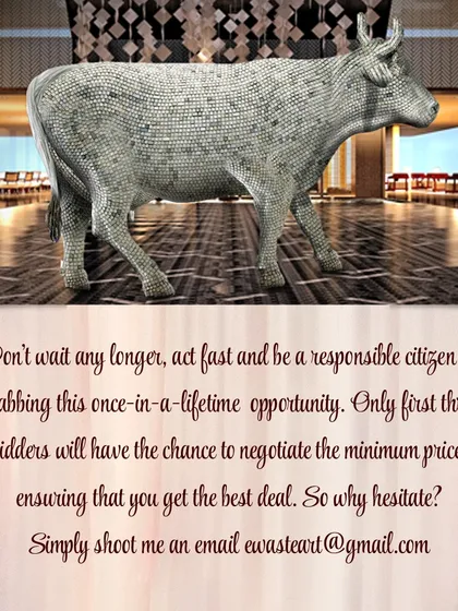 Introducing the 'Sustainable Cow', a life-sized sculpture made entirely from e-waste components like capacitors and resistors. This piece is a commentary on consumption and offers a unique opportunity for collectors to own a significant piece of sustainable art.