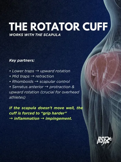 The rotator cuff works in partnership with the scapula. If the scapula doesn't move well, the cuff is forced to "grip" harder, leading to inflammation and impingement. Key partners include the traps and serratus anterior.
