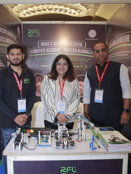 Our booth at the EGN India expo, showcasing our status as India's most successful robotics academy and our range of hands-on learning kits.