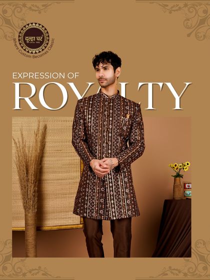 Expression of royalty. This brown patterned Indo-Western sherwani is presented as a piece of classic legacy, perfect for the modern maharaja.