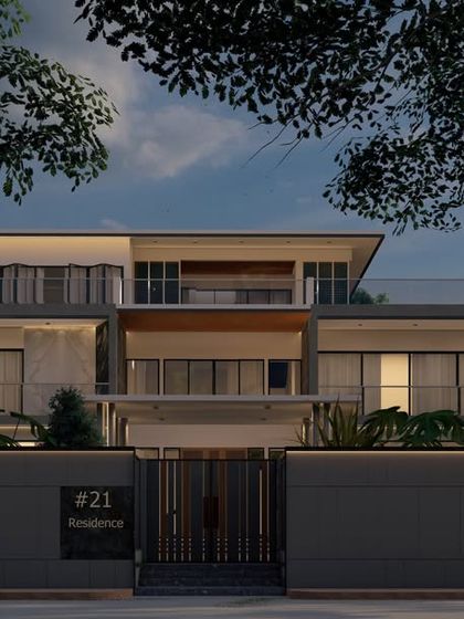 The "Zen Oasis" project at night. This render shows how architectural lighting is used to accentuate the home's modern form and create a warm, inviting atmosphere after dark.