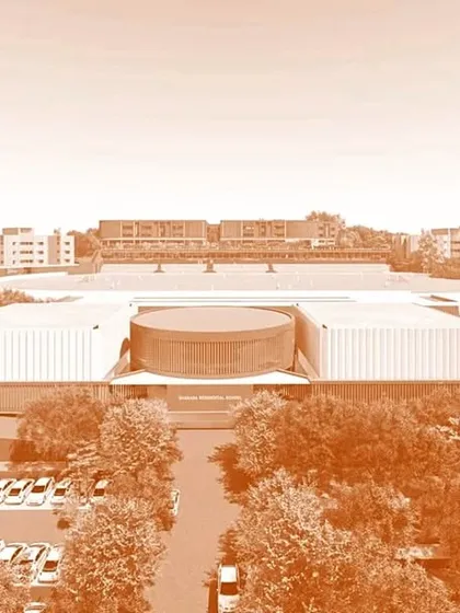 This view of the Sharada masterplan shows the central auditorium and its relationship to the surrounding academic buildings and landscape.