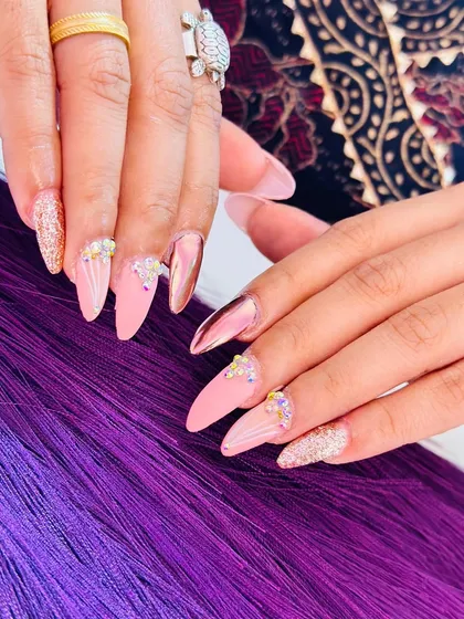 Another angle of this multi-textured pink and rose gold set, showing the chrome and glitter details.