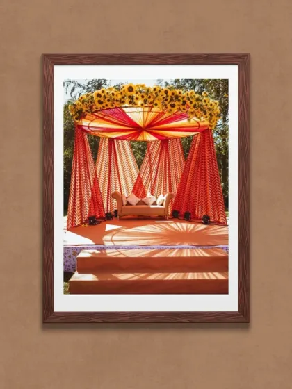 We transform your love story into a perfect celebration. This vibrant mandap, adorned with sunflowers and flowing drapes, exemplifies our bespoke wedding decor services, blending tradition with personalized elegance for your special day.