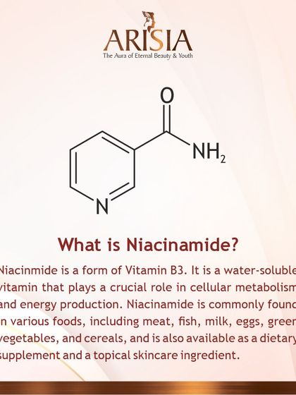 What is Niacinamide? It's a form of Vitamin B3, a water-soluble vitamin that plays a crucial role in cellular metabolism and is found in many foods and skincare products.