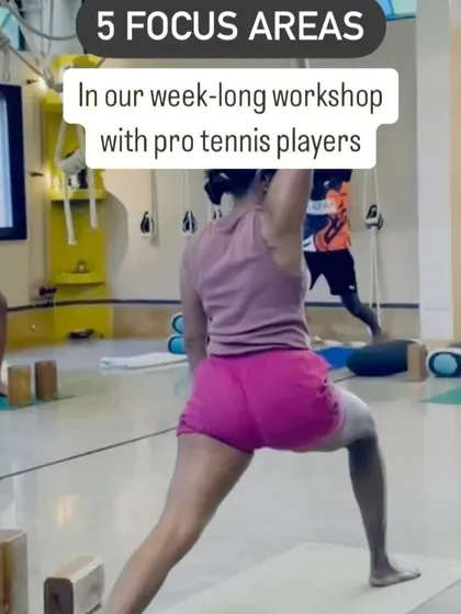 A snapshot from our week-long workshop with professional tennis players, focusing on key areas for performance and injury prevention. Here, I am demonstrating the alignment of Virabhadrasana I (Warrior Pose).