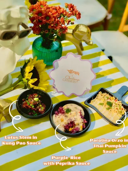 An annotated version of my fusion trio, identifying each dish: Lotus Stem in Kung Pao Sauce, Purple Rice with Paprika Sauce, and Parolina Orzo in Thai Pumpkin Sauce. This helps guests understand the creative pairings.