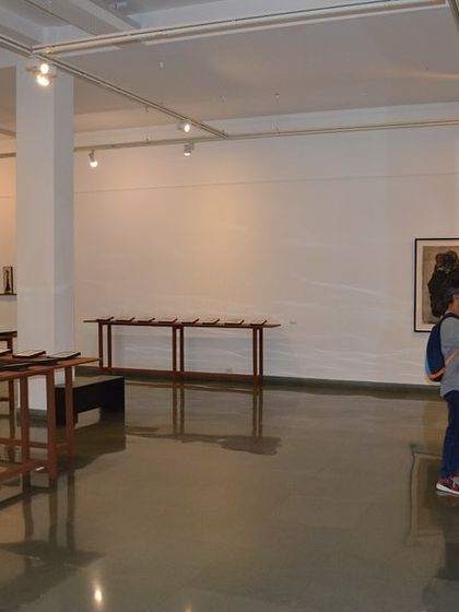 An installation view showing the clean, minimalist presentation of Shakuntala Kulkarni's work.