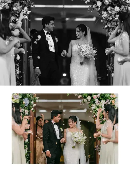 The bride and groom's joyful exit from the church, showered in confetti by their loved ones. The black and white and color versions both capture the pure happiness of the moment.