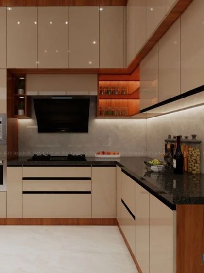 Another angle of the beige modular kitchen render, highlighting the under-cabinet lighting and open spice racks for convenience.