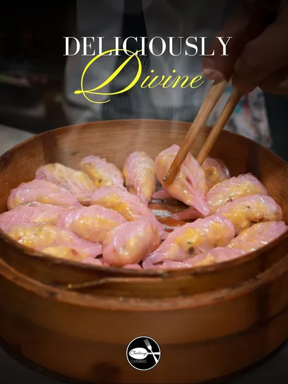 My Corn and Water Chestnut Dim Sum are deliciously divine. This image shows them steaming in a traditional bamboo basket, ready to be picked up with chopsticks and enjoyed.