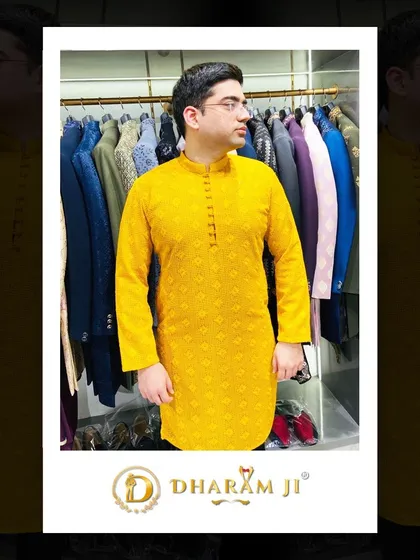 A client looking bright and festive in a yellow embroidered kurta, perfect for a Haldi or Mehendi ceremony.