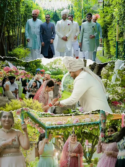 A collage showing the groom's baraat, the bride's entrance, and the jaimala ceremony.