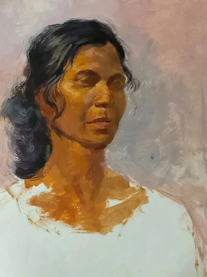 A colour sketch in acrylics from my sketchbook. These quick studies help me practice capturing skin tones and expressions.