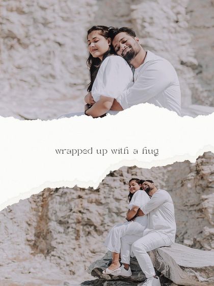 An artistic collage of a couple's pre-wedding photos, edited with a torn-paper effect for a creative touch.