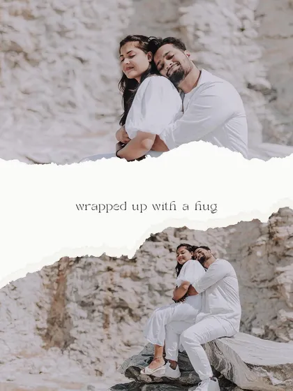 An artistic collage of a couple's pre-wedding photos, edited with a torn-paper effect for a creative touch.