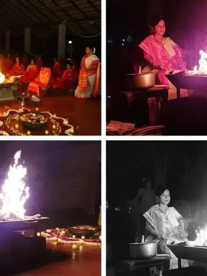 A four-part collage showing Maa Aditiji tending to the sacred fire. The images, including a black and white shot, highlight the timeless and powerful nature of this ancient ritual.