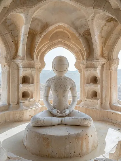 A serene, futuristic statue in a meditative pose inside a structure called 'Qayamat Qilla'. This series imagines new spiritual sites and monuments for a future age.