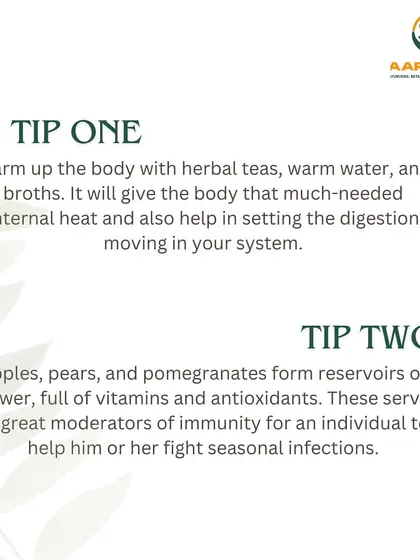 Here are our first two diet tips for the rainy season. We recommend warming the body with herbal teas and broths, and eating fruits like apples and pomegranates to boost immunity and fight seasonal infections.