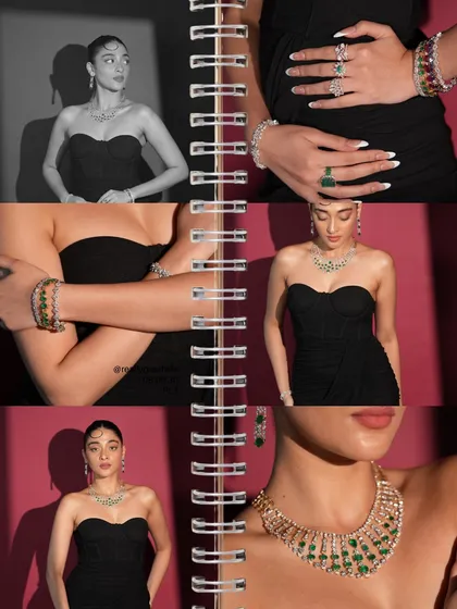 A collage showcasing the versatility and modern elegance of the Almairah collection, featuring emerald and diamond necklaces, bracelets, and rings.