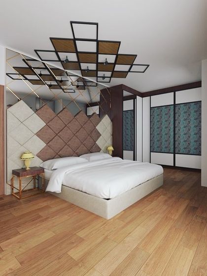 A 3D design for a master bedroom in our Sobha HRC project. It features an L-shaped floor-to-ceiling wardrobe and a unique headboard that combines fabric and mirror, extending up to the ceiling.