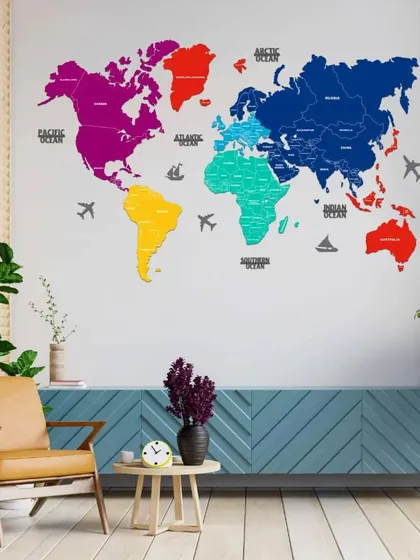 A different view of our 2D prismatic wooden world map, showcasing its bright and playful colors. This piece is perfect for adding a modern and global touch to any contemporary living space.