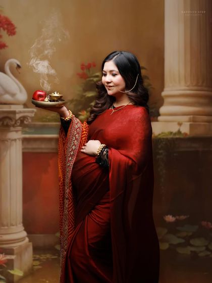 A solo portrait of a mother-to-be in a deep red saree, holding a diya. This image beautifully captures the spiritual and cultural aspects of motherhood.