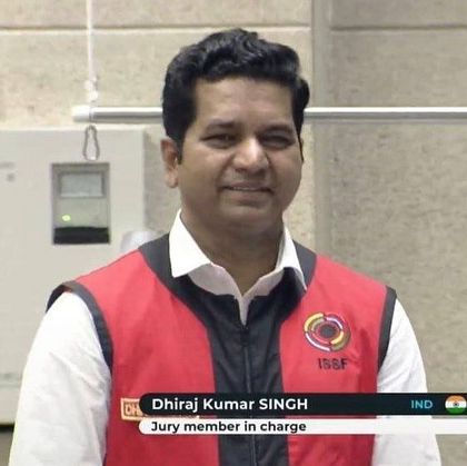 A clear shot of our Director, Mr. Dhiraj Singh, identified as a "Jury member in charge" for India at an international shooting competition. His expertise elevates the quality of our training.
