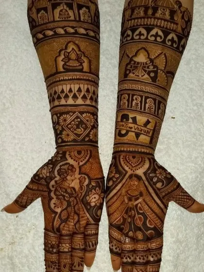 A romantic couple portrait on the palms, with the names "Sunil & Varun" integrated into the forearm design.