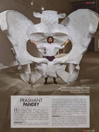 A feature in Hello! Magazine showcasing the 'KAMA' sculpture. The article discusses my background and how I transform discarded industrial materials into works that explore humanity, society, and the cycle of life.