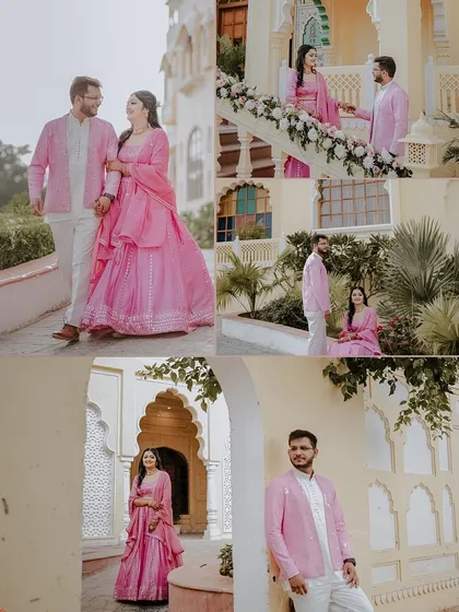 A collection of romantic moments from Anjali and Avanish's Mehendi. This collage tells a story of their day, from walking together to sharing quiet moments in the stunning palace setting.