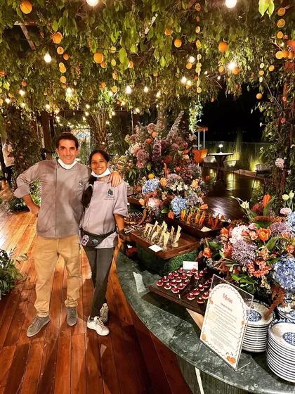 Here we are, co-founders Chris and Chinu, in our natural habitat. This was a stunning Tuscan-inspired rooftop soiree we catered for our dear friend Isha Ambani. We love collaborating with clients to bring their wildest food dreams to life, surrounded by beautiful decor and happy guests.