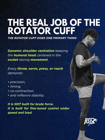 The real job of the rotator cuff is dynamic shoulder centration: keeping the humeral head centered in the socket during movement. It is built for fine-tuned control under speed and load, not for brute force.