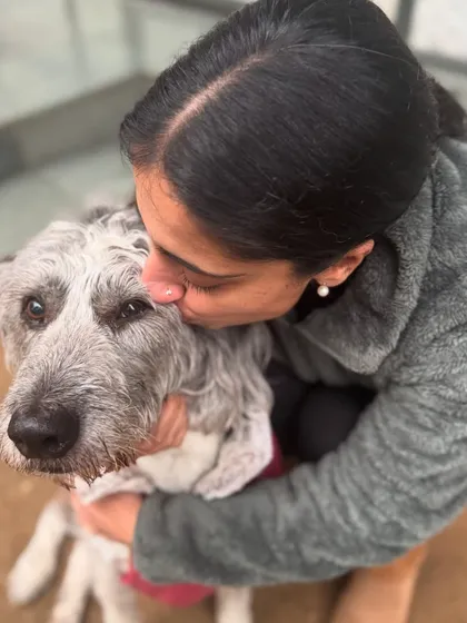 A gentle kiss for Duke. We provide extra love and patience for our senior guests, ensuring they feel safe and cherished.